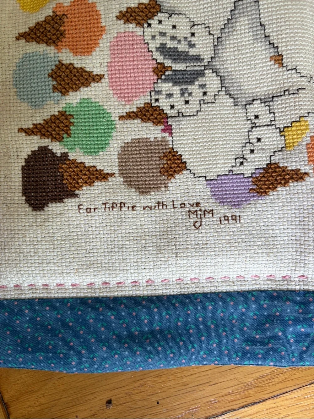 Vintage Cross Stitch Cloth Wall Hanging w. Polar Bears & Ice Cream. Pastels. 90s